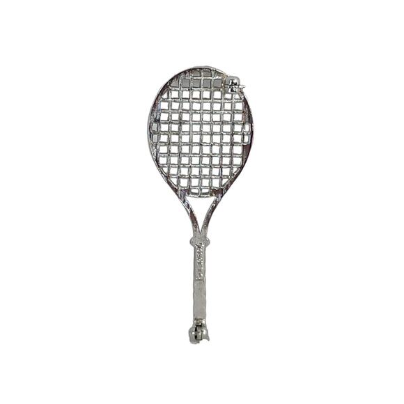 1970s Monet Textured Silver Tone Metal Tennis Racket Sport Lover Gift Pin Brooch - Picture 3 of 4